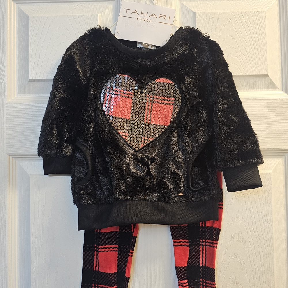 NEW Tahari Girl 2T Black and Red Heart Outfit - Perfect For Christmas W/ Pockets